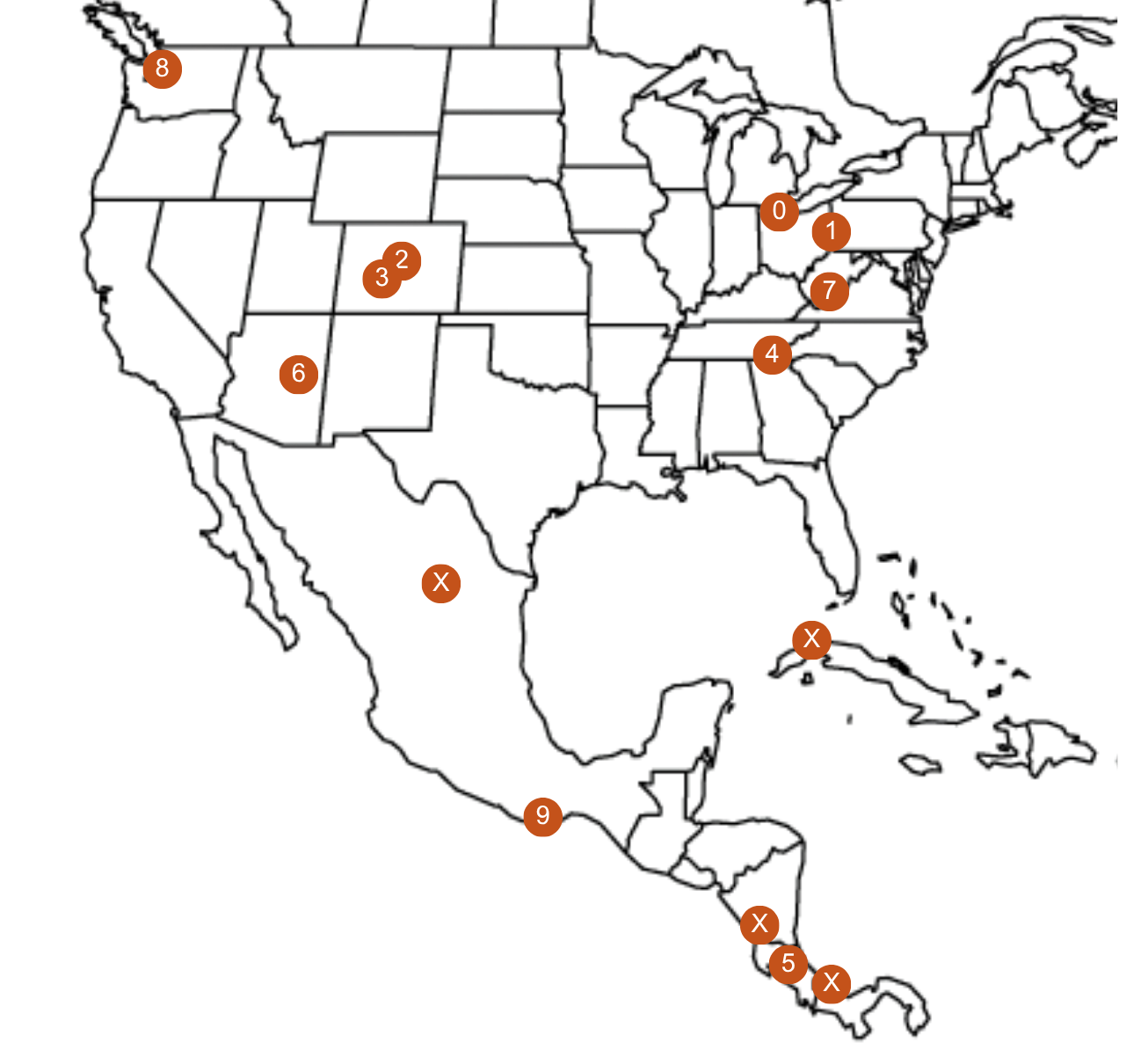 Map of North and Central America with numbered pins marking work locations